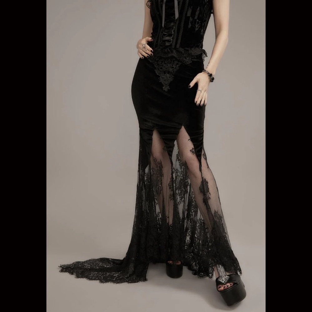 NWT Dolls Kill Widow Velvet Black Lace Brocade Embroidery Skirt Large